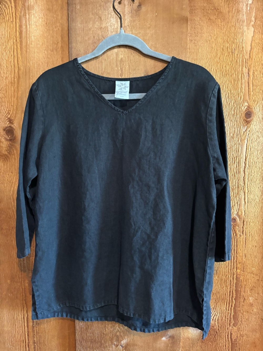 Match Point USA 100% Linen V-Neck 3/4 Sleeve Top Black Small Lagenlook